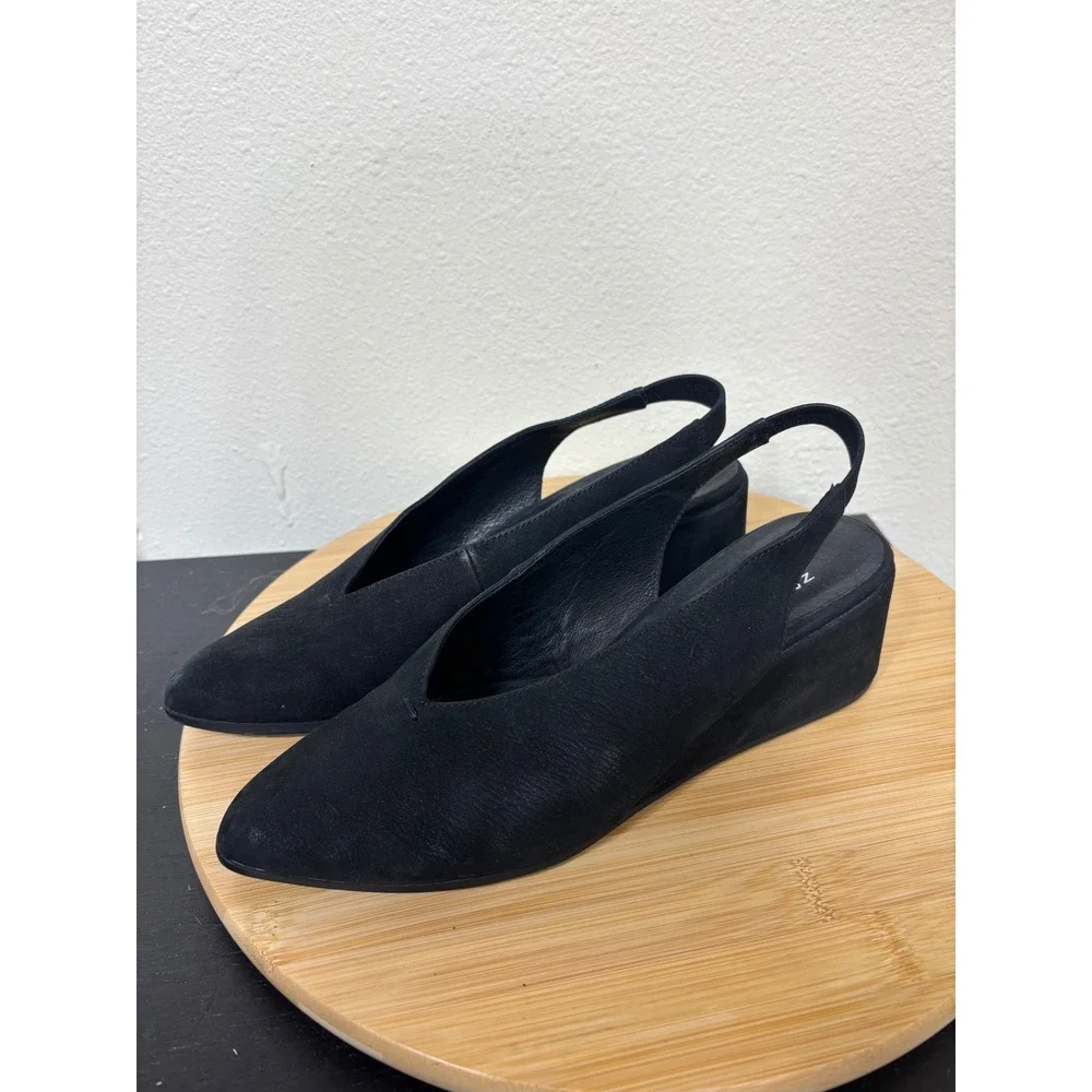 Eileen Fisher Wedges 8 Slingback Black Nubuck Pointed Toe V-Neck Pumps